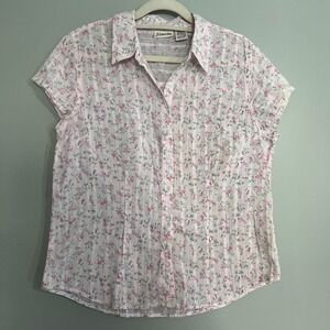 St Johns Bay Pink Floral Striped Short Sleeve Button Down Cotton Shirt M pastel